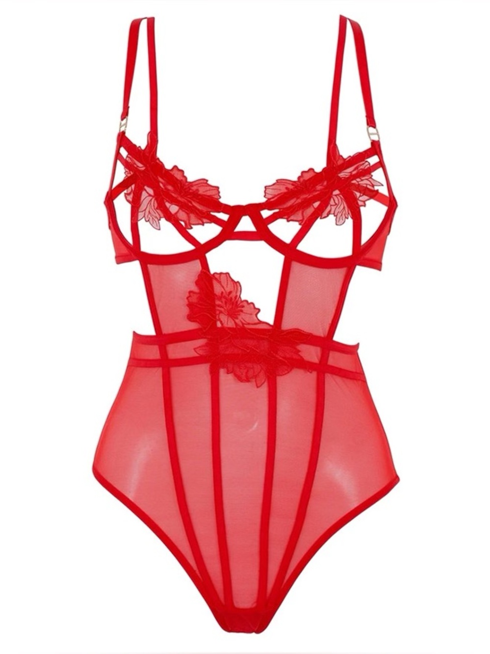 Bluebella Tempest Wired Bodysuit Open Cup Floral Mesh Red 38DD Like New! $75